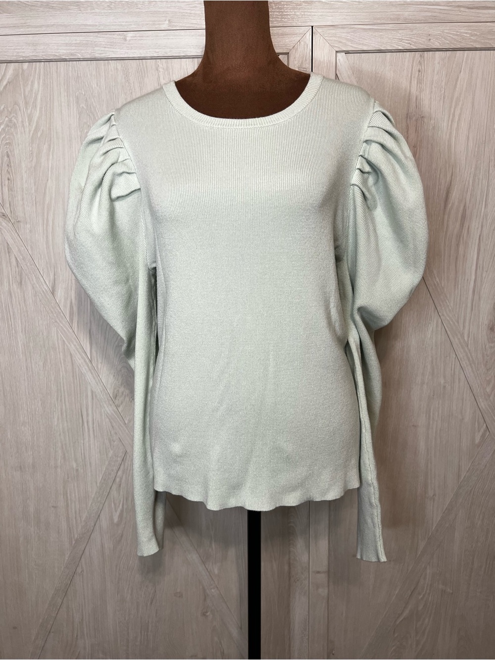 Prologue Mint Sage Dramatic Puff Shoulder Ribbed Knit Blouse 🌿size XL